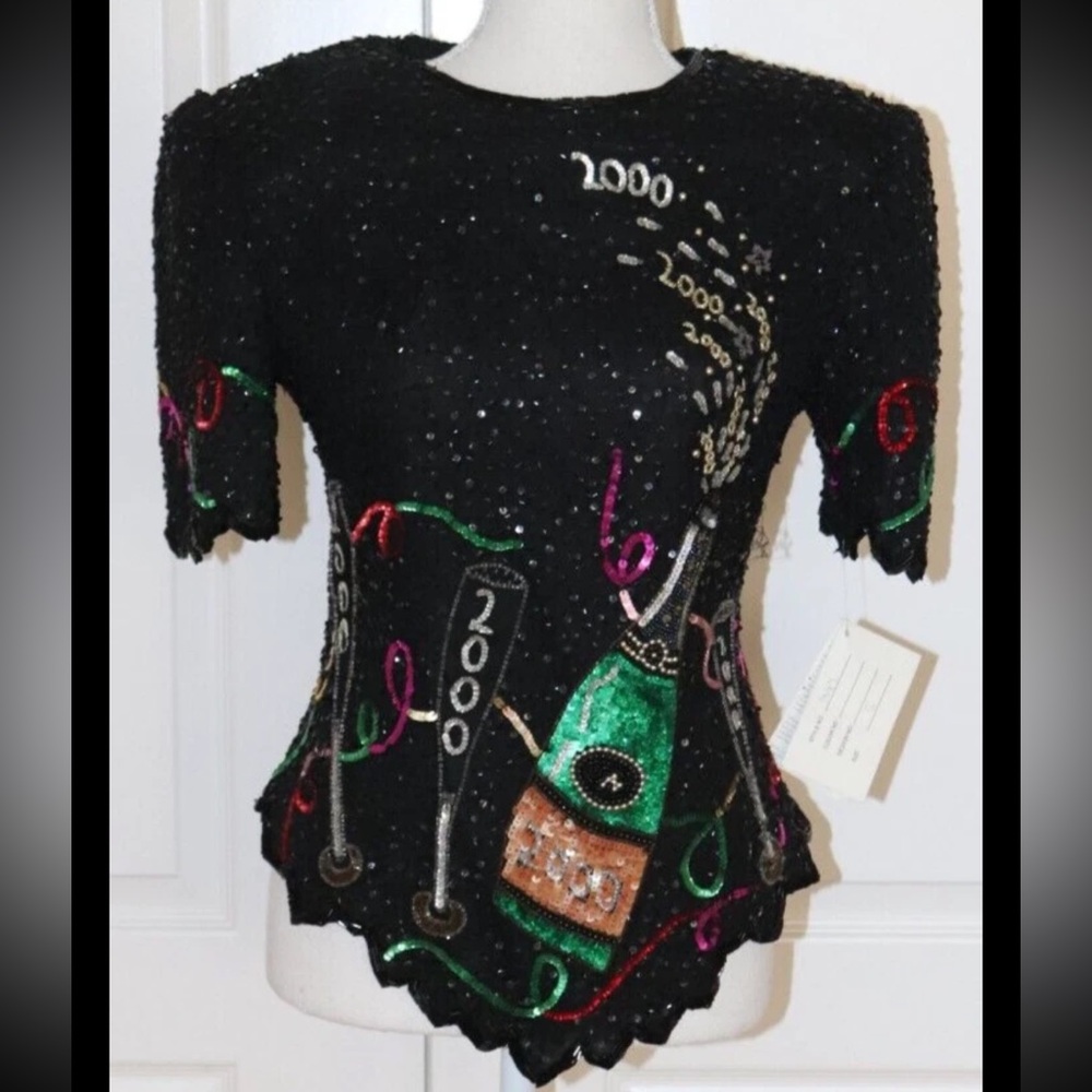 Laurence Kazar Y2K New Years Eve Beaded Sequin Top Silk Party Vintage Small